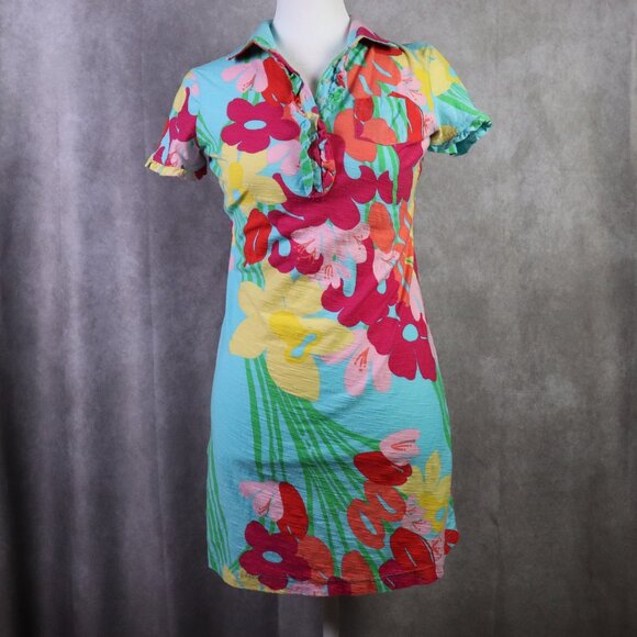 Lilly Pulitzer Dresses & Skirts - Lilly Pulitzer Carolyn T Shirt Dress Womens XS Multicolor Floral Ruffle Neck